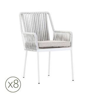 Kerama Pack de 8 sillas de jardin de aluminio blanco y cuerda gris con coj&iacute;n