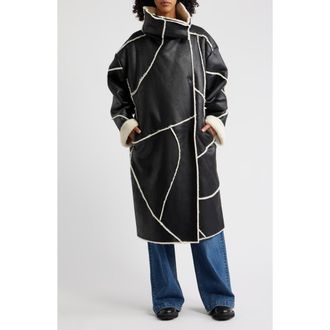 UGG Emberlynn Oversize Faux Leather & LuxeFluff Long Coat in Black at Nordstrom Rack, Size Xx-Small/x-Small