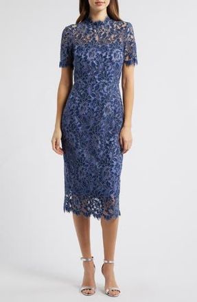 Eliza J Illusion Lace Midi Sheath Dress in Blue at Nordstrom Rack, Size 14