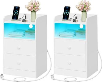 Woltu Woltu 2x Mesita De Noche Moderna Para Dormitorio, Con Enchufes, Puertos Usb Y Luces Led, Mesa De Centro Con 1 Tablero, 1 Compartimento Y 2 Cajones Bla