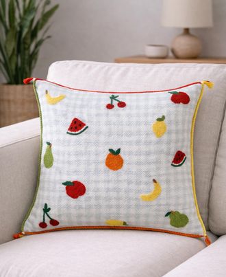 Vibhsa Tiny Fruits Spring Plaid Embroidered Decorative Pillow, 20 x 20