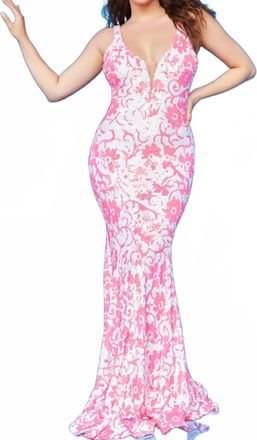 Jovani Plunging Neck Mermaid Dress In Ivory/hot Pink