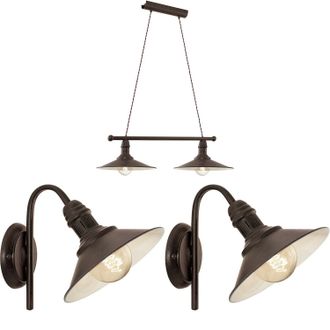 Loops Ceiling Pendant Light & 2x Matching Wall Lights Antique Metal Shade Vintage