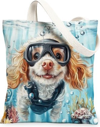 Generic Pop Art American Cocker Spaniel Dog Canvas Tote Bag for Shopping 13x15, Ocean Sea Nautical Puppy Reusable Grocery Print Bag for Women, Fun Pet Beach A