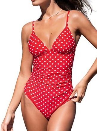 Cupshe Maillot de bain une pi&egrave;ce pour femme avec contr&ocirc;le du ventre et col en V, Rouge &agrave; pois blancs, Taille M