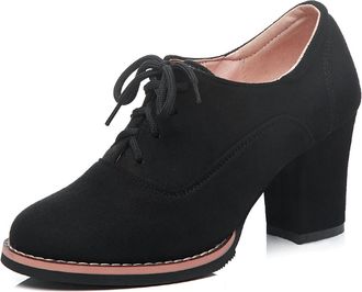 Generic Womens Suede Oxfords Round Toe Lace-Up Block Heels Contrast Sole Adjustable Laces Smooth Upper Padded Insole Comfortable Durable Shoes,Black,7.5 UK