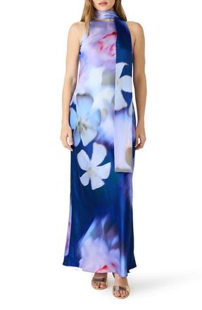 Steve Madden Jaidan Satin Scarf Maxi Dress in Navy Marl Combo at Nordstrom, Size 2
