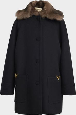 Valentino Garavani Sheep Shearling Collar Single-Breasted Wool Coat
