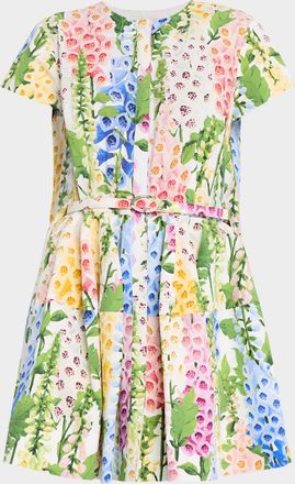 Oscar De La Renta Cap-Sleeve Multi Foxgloves Poplin Mini Dress