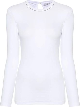 Brunello Cucinelli Witte T-shirts en Polos met kraalrand - Dames - Tops - Wit - Maat: XS Katoen