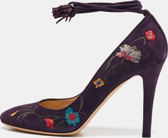 Jimmy Choo London Purple Suede Floral Embroidered Chelan Ankle Wrap Pumps