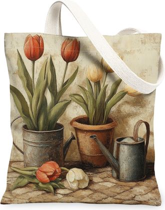 Generic Spring Farmhouse Tulip Canvas Tote Bag for Shopping 13x15, Rustic Vintage Floral Reusable Grocery Print Pattern Bag for Women, Country Flower Beach Ae
