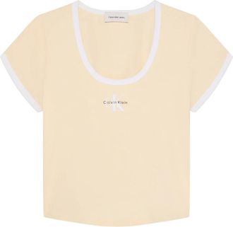 Calvin Klein Tops, Dames, Geel, S, Katoen, Monologo Grafisch Slim T-shirt