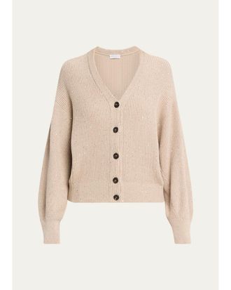 Brunello Cucinelli Shimmering Linen-Cotton Knit V-Neck Cardigan