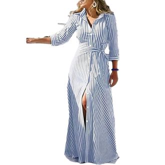 Generic Striped Button Split Party Dress Long Sleeve Maxi Dress for Women Casual Lace Up Long Shirt Dress 04 Blue L