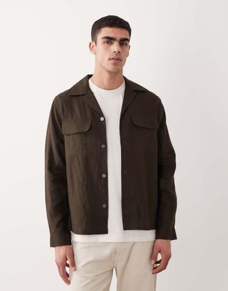 Mango Essentials - Camicia giacca 100% lino marrone cioccolato con bottoni