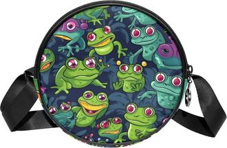 Generic Circle Crossbody Bag for Women, Cartoon Frogs Small Sling Bag Daypack with Zipper Adjustable Shoulder Straps Casual Ladies Girls Round Purse