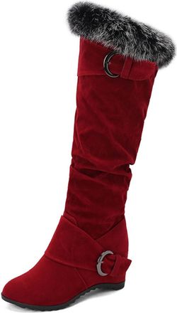 Generic Womens Wedge High Heel Winter Boots Faux Suede Knee High Boots with Buckle Pull on Slouch Long Boot,Burgundy,6.5 UK