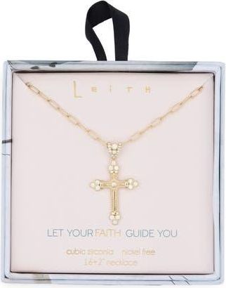 Leith Pav&eacute; Crystal Cross Pendant Necklace in Clear- Gold at Nordstrom Rack