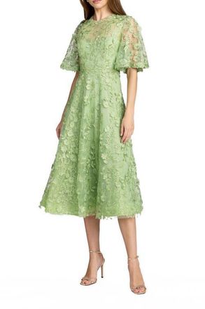 Mac Duggal Floral Embroidered Mesh Midi Dress with Sleeves in Sage at Nordstrom, Size 18