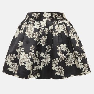 Alice & Olivia Alice + Olivia Black Floral Print Satin Pleated Mini Skirt