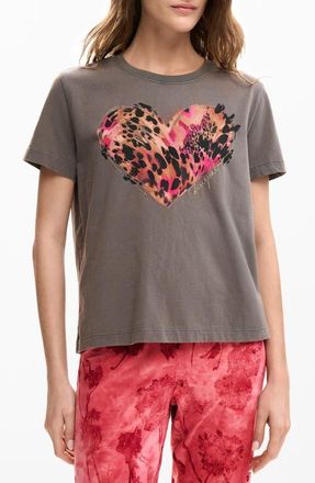 Desigual Heart Cotton Graphic T-Shirt in Neutral Gray at Nordstrom, Size X-Small