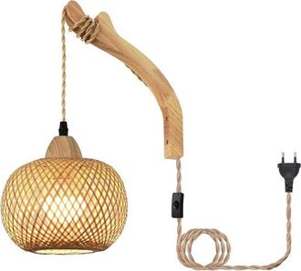 No Brand Lampada Da Parete In Legno - Paralume In Rattan Stile Boh&eacute;mien - Cavo E27 Da 300 Cm - Camera Da Letto/soggiorno