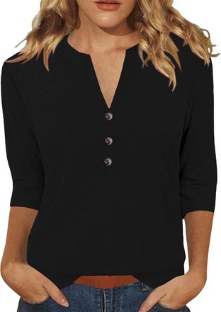 Generic 3/4 Sleeve Tops for Women UK Elegant Floral Printed Fall Ladies Tops Henley Button Up Top Dressy Casual Summer Work Blouses Elbow Length Summer T Shir