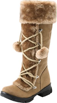 Generic Ladies Suede Mid Calf Boots, Ladies Long Suede Flat Boots Stylish Thick Fleece Lined Booties With Flat Sole Warm Lace Up Booties With Fluffy Collar Ou