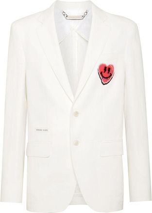 Philipp Plein heart-appliqu&eacute; single-breasted blazer - men - Viscose/Cotton/Linen/Flax/Acetate/Polyester - 46 - White