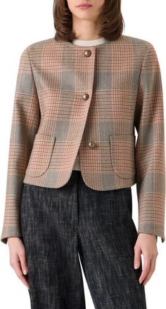 Akris Glen Plaid Collarless Stretch Wool Jacket in Beige-Mocca-Orange at Nordstrom, Size 12