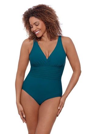 Aqua Green Full Coverage Surplice Trim Overlay V-Neck One-Piece Swimsuit in Lagoon at Nordstrom, Size X-Large
