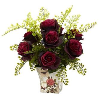 Nearly Natural Rose & Maiden Hair with Floral Planter in Burgundy at Nordstrom