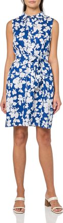 Tommy Hilfiger Womens Paisley Print Sleeveless Belted Shirtdress, Marina Blue/Bright White, 20