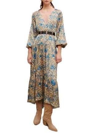 Maje Ritache Floral Print Belted Dress in Imprime Abstrait Bleu at Nordstrom Rack, Size 2-4 Us / 36 Eu