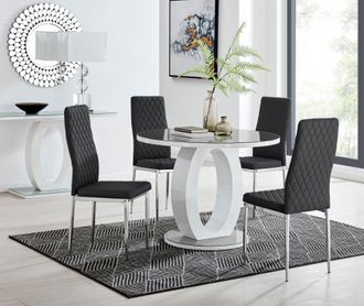 Furniturebox Giovani Round 4 Seat 100cm White High Gloss Halo Base Grey Glass Top Dining Table 4 Soft Faux Leather Silver Leg Milan Chairs in Black