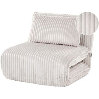 Beliani Sofa Bed Off-White Corduroy Upholstery 1 Seater with Additional Cushion Sleeper Function Adjustable Backrest Armless for Kids and Adults LYSEKIL