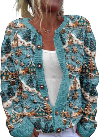 Generic Christmas Cardigan for Women Ugly Funny Xmas Vibes Holiday Tops Casual Long Sleeve Fall Winter Button Down Knit Sweater