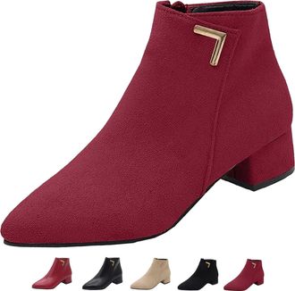 Generic Womens Chunky Heel Chelsea Boots Suede Pointed Toe Ankle Booties with Arch Support Side Zipper Slip On Low Heel Walking Shoes (7.5,Red)