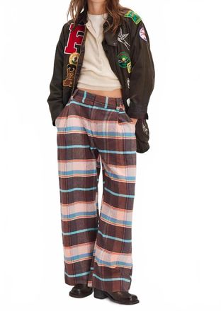 Free People Buckle Back Plaid Bold Trousers In Brown