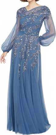 Theia Wilma Bishop Sleeve Gown In Grey/celeste