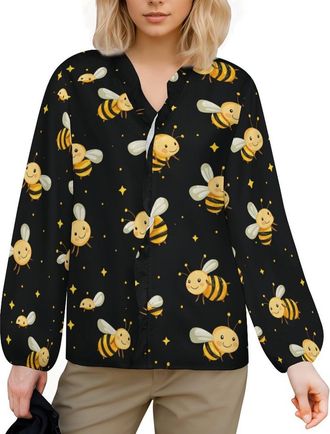 Generic Honey Bee on Black Long Sleeve Shirts for Women Tops V Neck Casual Comfortable Shirt Soft Blouses 2XL