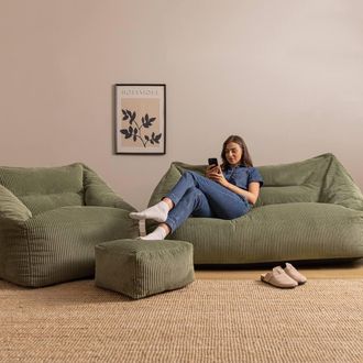 Icon Brand Bean Bag Sofa & Footstool Bundle, Jumbo Corduroy in Green | Size: Medium