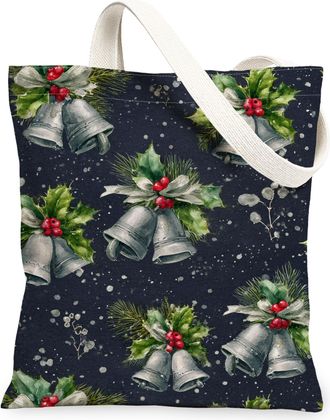 Generic Holiday Canvas Tote Bags, Festive Bell and Holly Design Reusable Shopping Bags, Elegant Seasonal Lightweight Washable Shoulder for Gym Outdoor Travel 