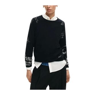 Desigual Round-neck Knitwear, female, Black, Size: XS Printed Long Sleeve Round Neck Knitwear