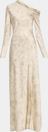 Alberta Ferretti Lace Printed Satin One-Shoulder Gown