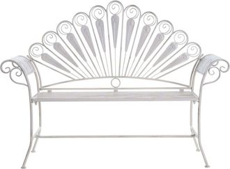 Beliani Outdoor Garden Bench Off-White Metal Iron 2 Seater Armrests Peacock Motif Distressed Effect PAVIA