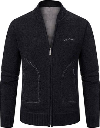 Generic Mens Knitted Cardigan Jacket Mens Cardigan Pullover Thick Sweater Zip Stand Collar Full Zip Front Stand Collar Classic Knitwear Jumper Black