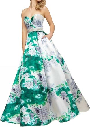 Mac Duggal Strapless Sweetheart Neckline Floral Ball Gown In Spring Green