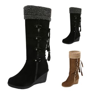 Generic Fuzzy Winter Snow Boots for Women Wedge Platform Mid Calf Boots Ladies Casual Plush Fur Thermal Suede Shoes Round Toe Non Slip Cowgirl Boot with Adjus